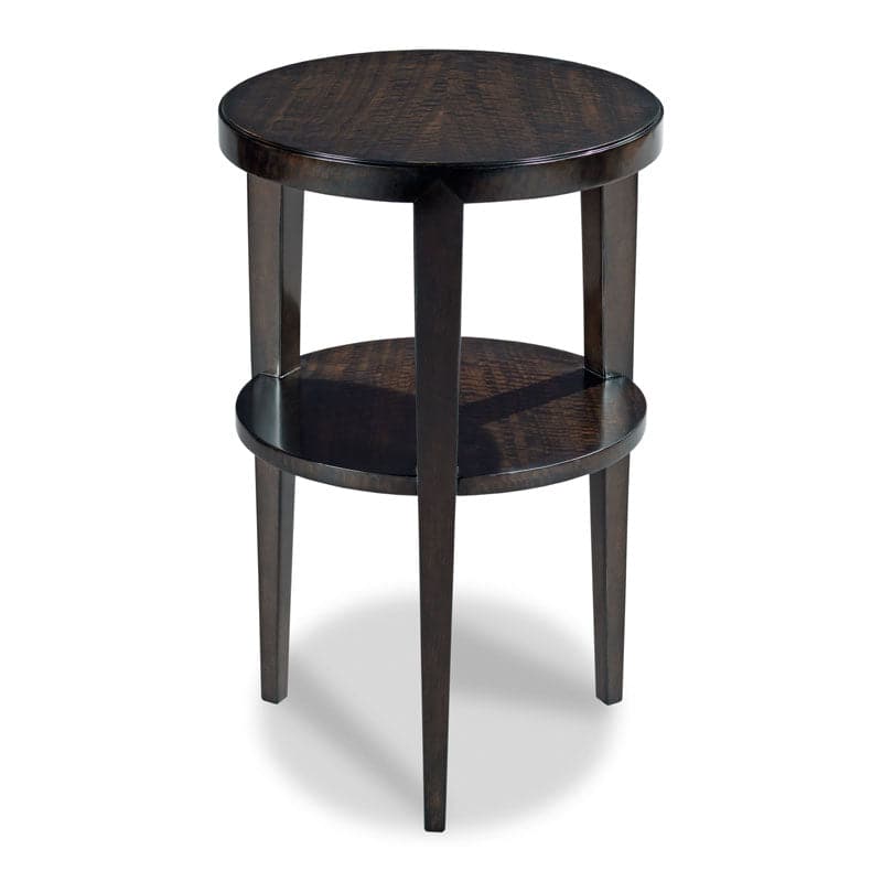 Salta Martini Table, shown in dark brown and espresso with wood and integrated lower circular shelf.