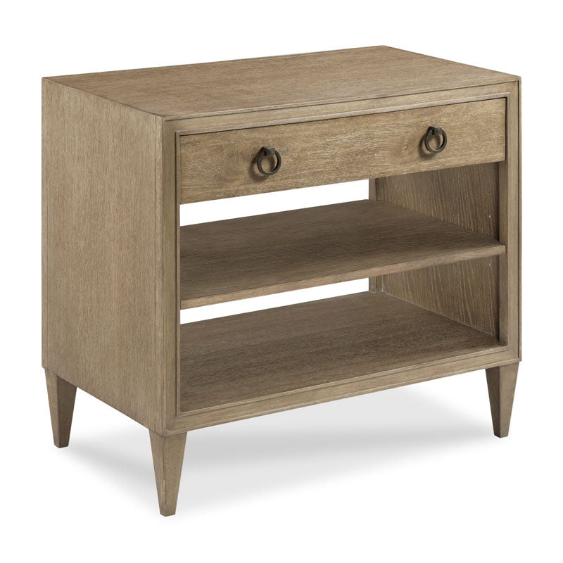 Ramsey Table, shown in taupe and light brown with oak solids, oak veneer, and single drawer with ring pulls.