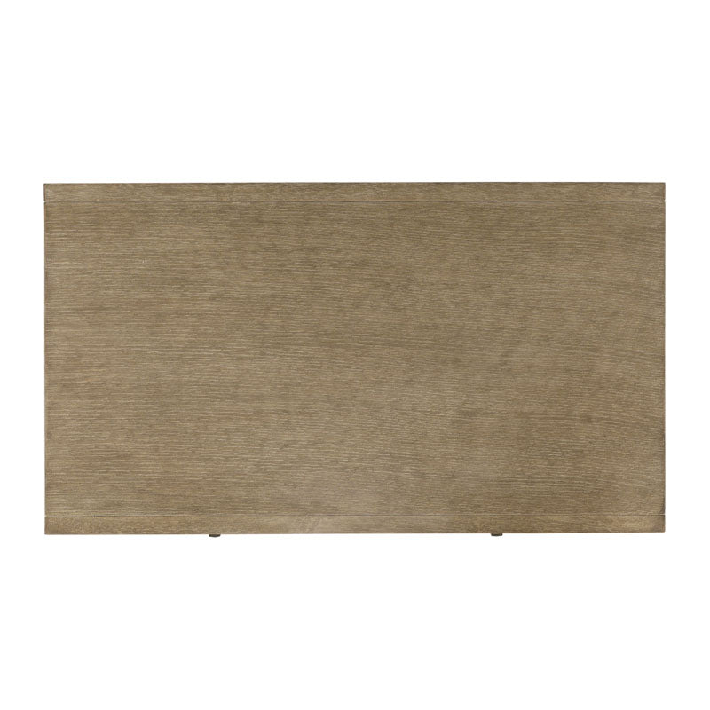 Additional view of Ramsey Table in taupe and light brown, featuring vintage finish and single drawer with ring pulls.