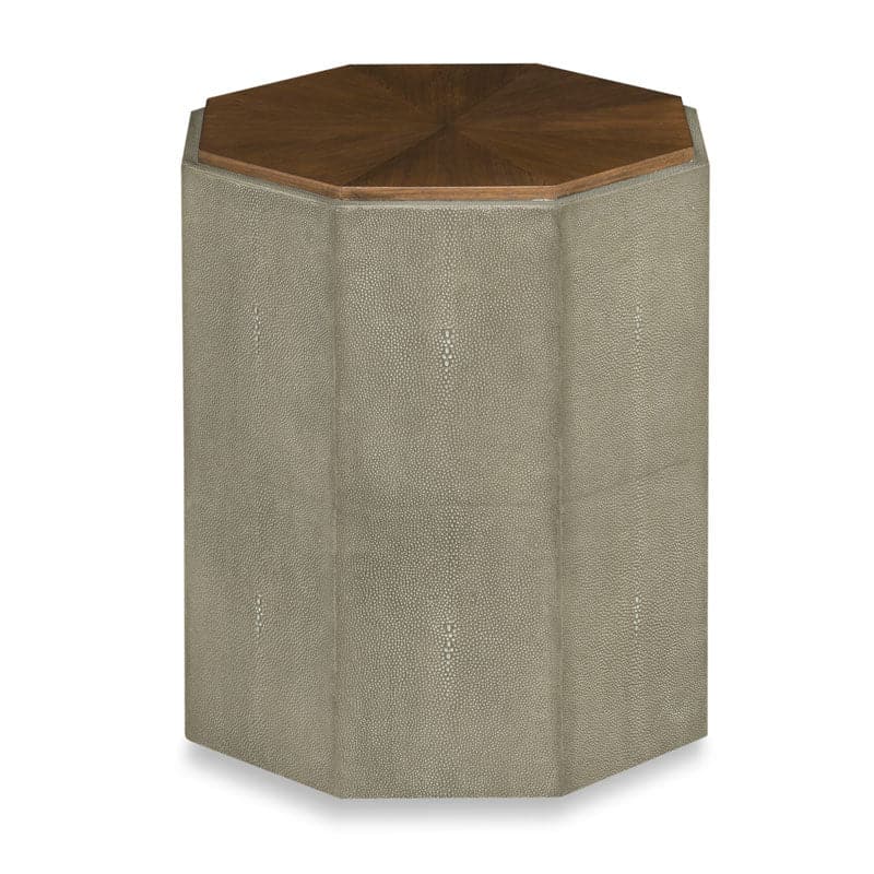 Savoye Shagreen Spot Table, shown in taupe gray and medium walnut brown with walnut wood and faux shagreen.