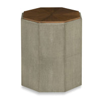 Savoye Shagreen Spot Table, shown in taupe gray and medium walnut brown with walnut wood and faux shagreen.