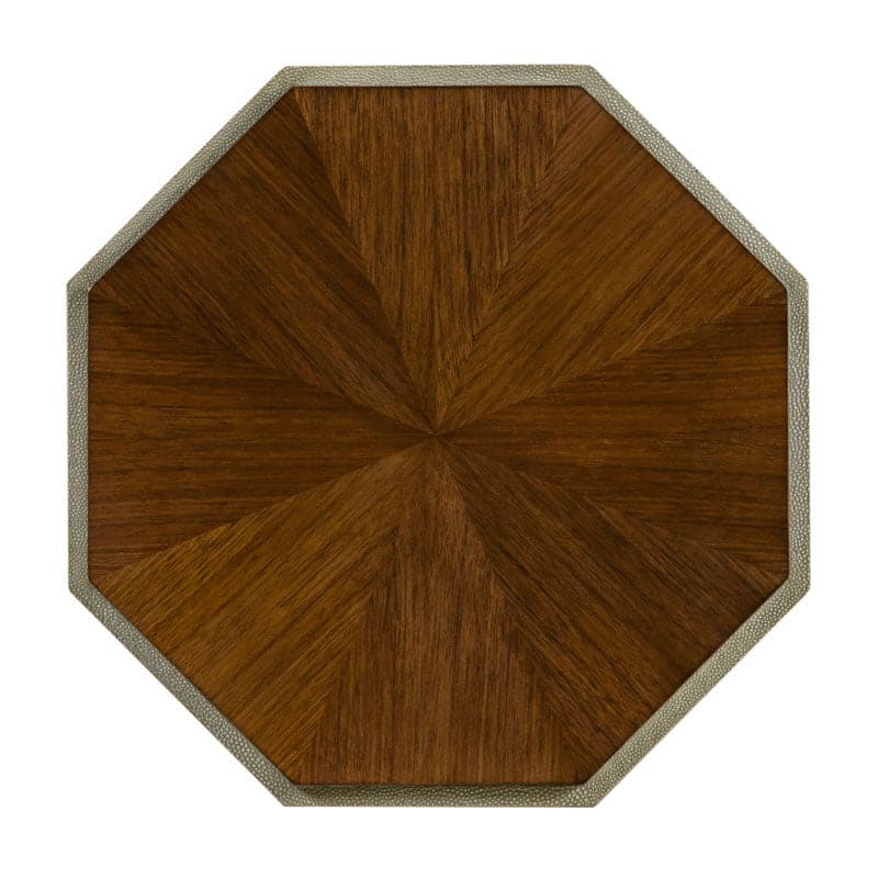 Alternate view of Savoye Shagreen Spot Table, featuring walnut wood, faux shagreen, and a flat octagonal top surface.
