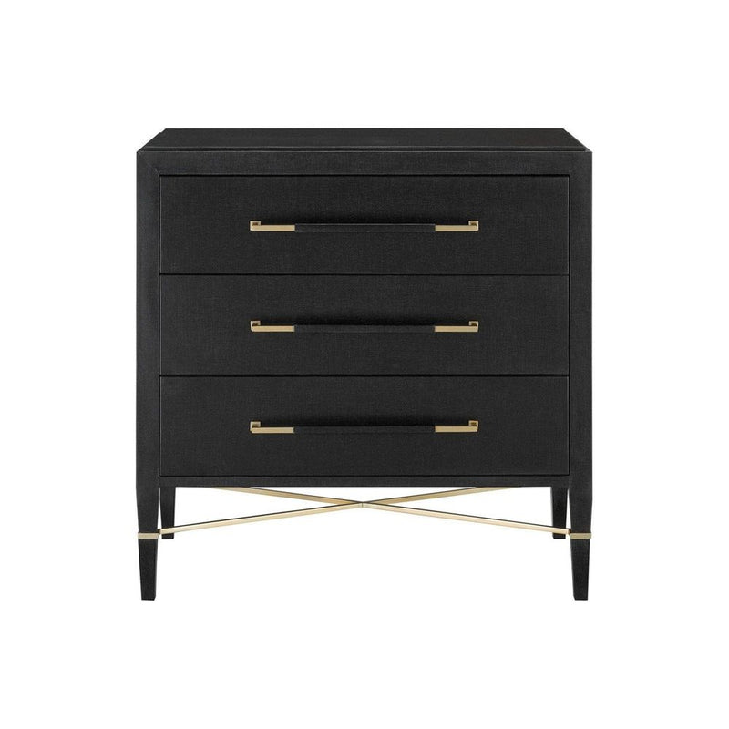 Verona Black Chest, shown in black with wood, metal, and three full-width drawers.
