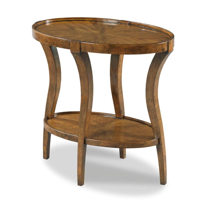 Linwood Oval Side Table, shown in warm hazelnut brown and medium amber wood with wood, wood veneer, and lower display shelf.
