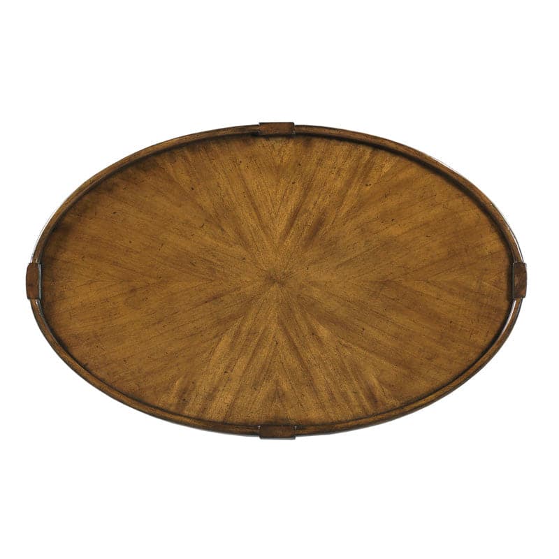 Alternate view of Linwood Oval Side Table, featuring clear protective topcoat, wood, wood veneer, and lower display shelf.