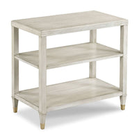Celia Tier Table, shown in light beige and ivory with wood, ash veneer, and three fixed open shelves.