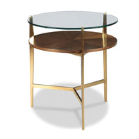 La Scala Side Table, shown in warm brass gold and medium walnut brown with tempered glass and walnut wood.