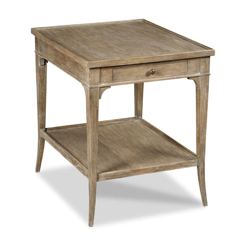 Collins Lamp Table, shown in taupe and gray-brown with wood, oak, and single apron drawer with round knob.