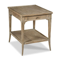 Collins Lamp Table, shown in taupe and gray-brown with wood, oak, and single apron drawer with round knob.