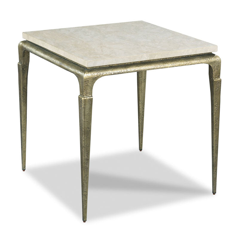 Valentino Lamp Table, shown in cream and antique gold with marble, metal, and square stone tabletop.