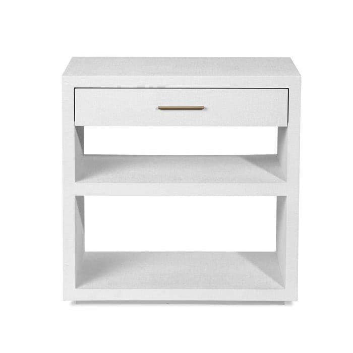 Livia Bedside Chest, shown in white with raffia, grasscloth, and integrated storage.