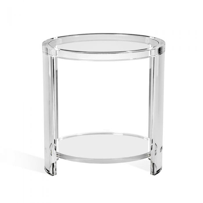 Alternate view of Marcel Side Table, featuring polished finish, acrylic, glass, and two-tier open shelving.