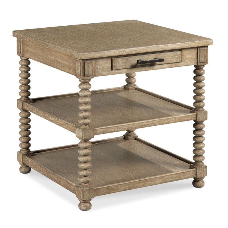 Colter Side Table, shown in weathered taupe and light gray-brown with oak wood and oak veneer.