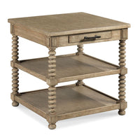 Colter Side Table, shown in weathered taupe and light gray-brown with oak wood and oak veneer.