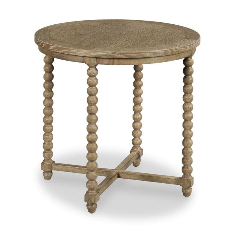 Caldera Lamp Table, shown in light oak and warm beige with wood, oak, and fixed four-leg base.