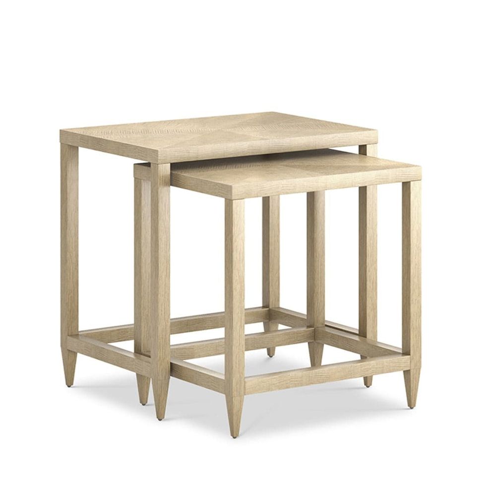 Louis Nest of Tables, shown in light beige and warm taupe with wood, sycamore veneer, and nesting two-table set.