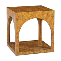 Arch Side Table, shown in amber-gold and honey-brown with wood veneer, burl wood, and open lower shelf.