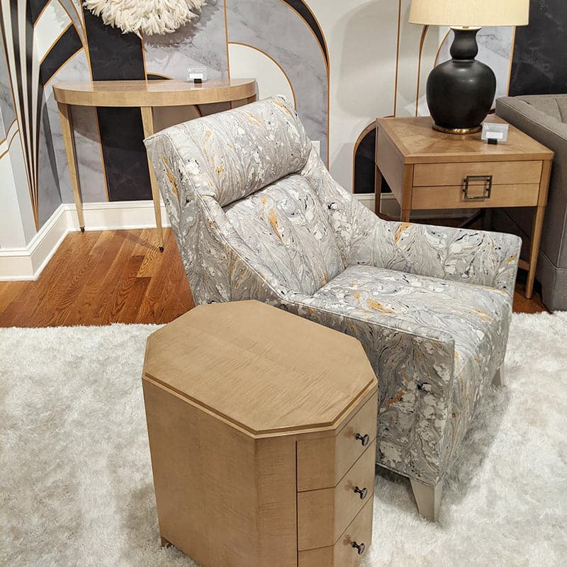 Alternate view of Rose Chairside Chest, featuring matte finish, wood, figured wood veneer, and three stacked drawers.
