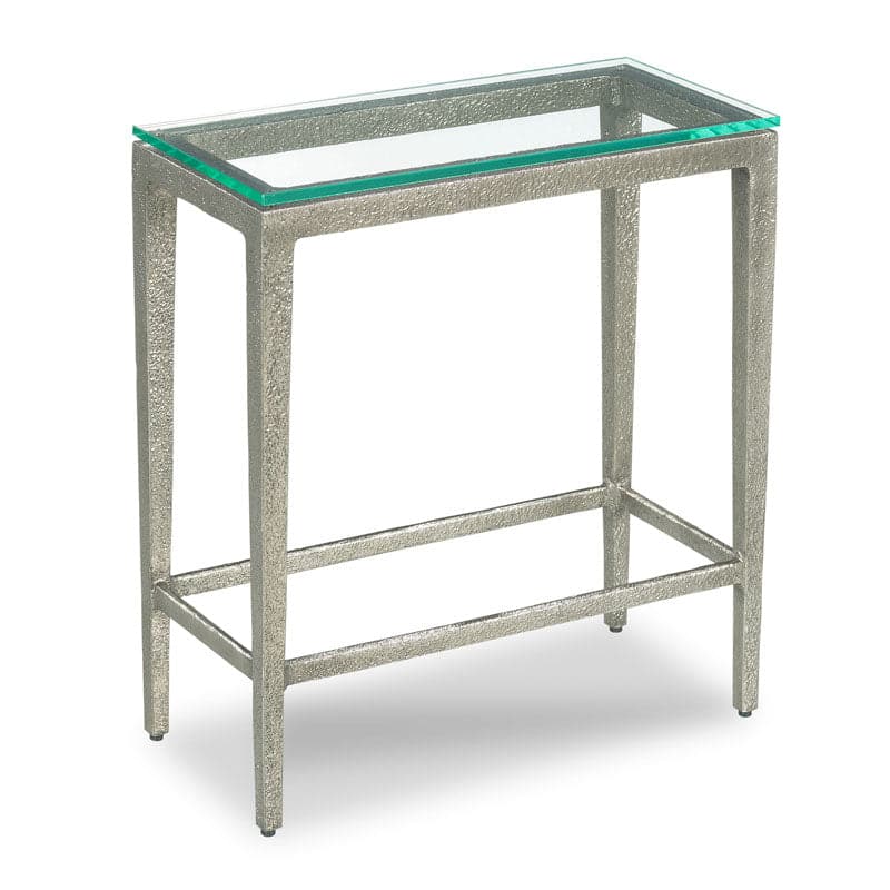 Piers Drink Table, shown in silver and antique gold with metal, tempered glass, and a tempered glass top surface.