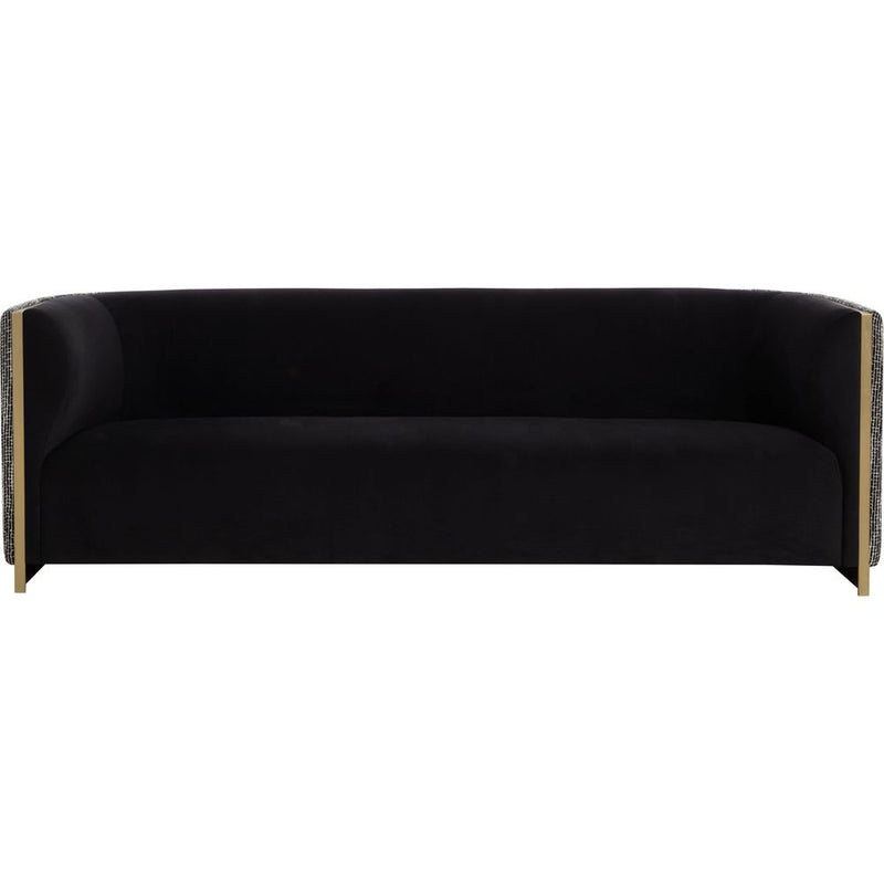 Larron Sofa, shown in black and charcoal with velvet-like fabric, woven tweed fabric, and fixed wraparound arms.