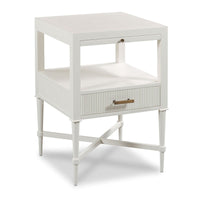 Alternate view of Thornapple Bedside Table, featuring painted matte finish, wood, metal, and open upper shelf niche.