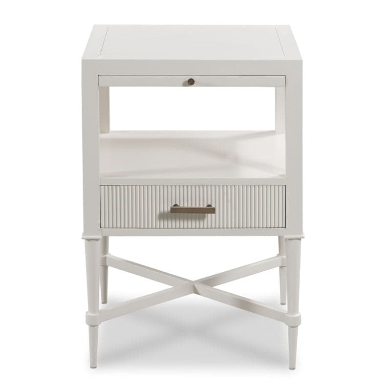 Thornapple Bedside Table, shown in white with wood, metal, and open upper shelf niche.
