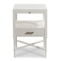 Thornapple Bedside Table, shown in white with wood, metal, and open upper shelf niche.
