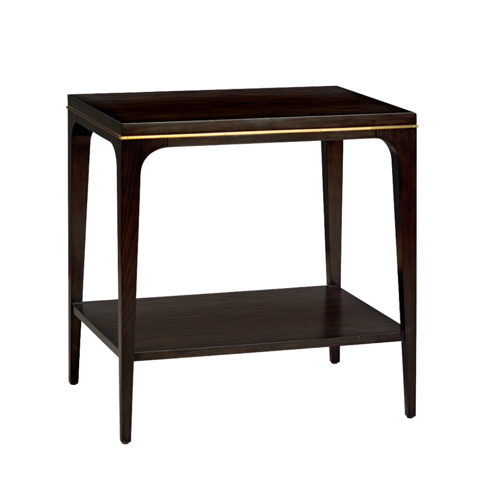 Thomas Side Table, shown in espresso brown and dark walnut brown with wood, acacia veneer, and open lower display shelf.