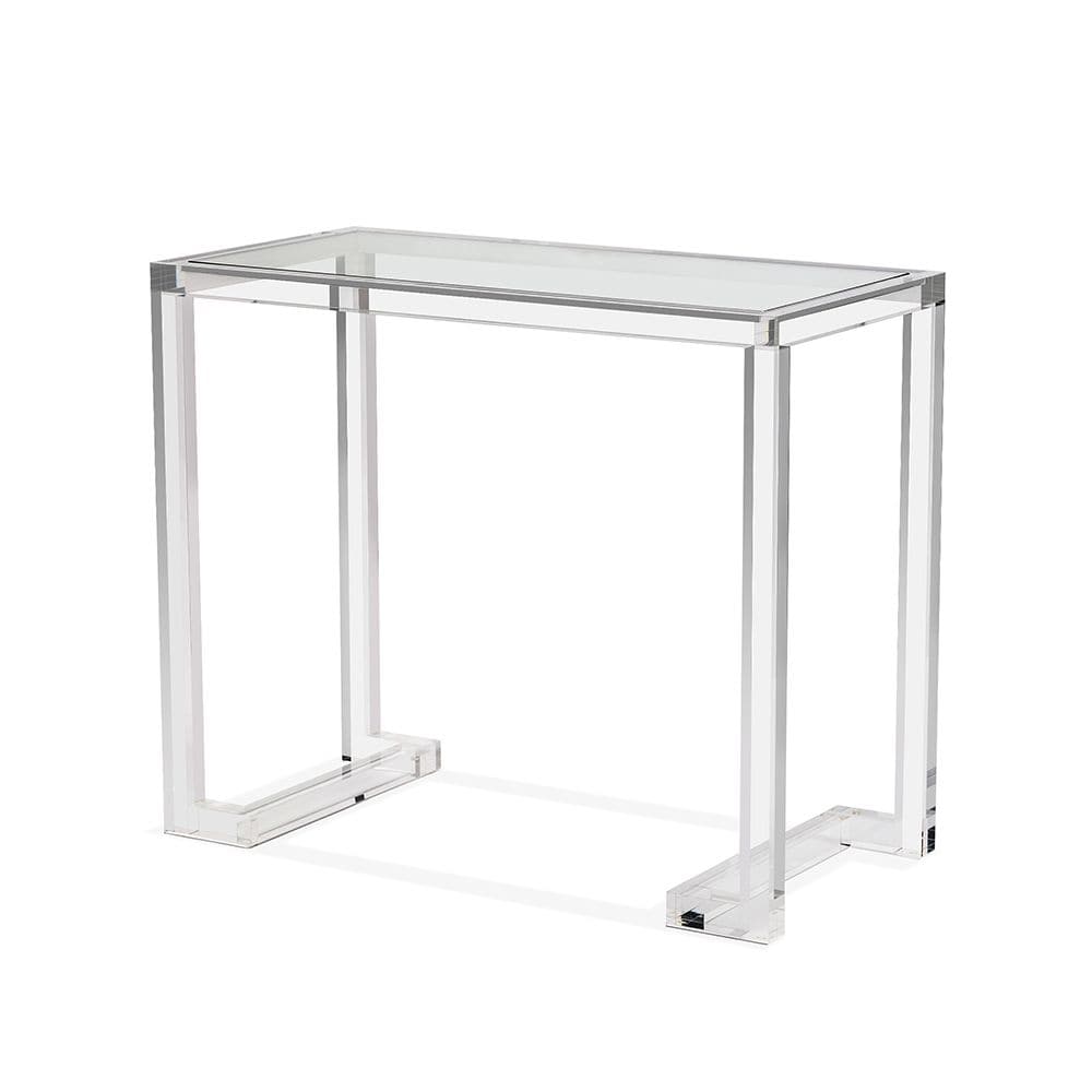Ava Small Desk/ Console, shown in clear and colorless with acrylic, glass, and a flat rectangular writing/work surface.