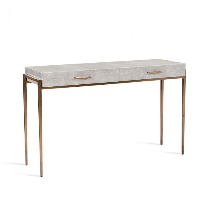 Morand Desk / Console, shown in light gray and warm gray with shagreen and metal.