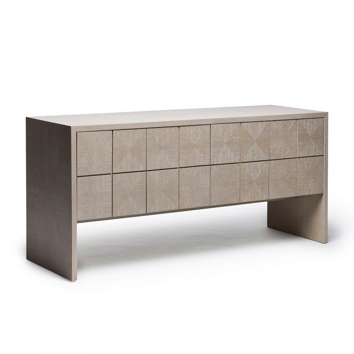 Lowell Credenza, shown in beige and taupe with wood, wood veneer, and integrated cabinet storage.