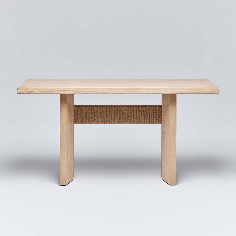 Lummus Console Table, shown in light natural oak and warm beige with wood, woven fiber, and console proportions.