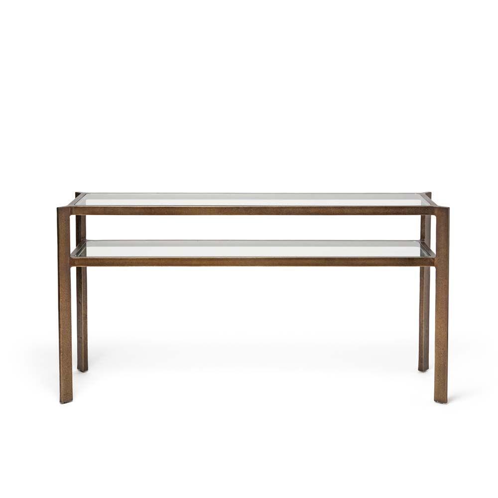 Linley Console, shown in bronze-brown and clear with metal, glass, and two-tier glass shelving.