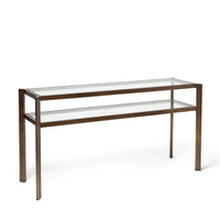 Alternate view of Linley Console, featuring metal, glass, and two-tier glass shelving.