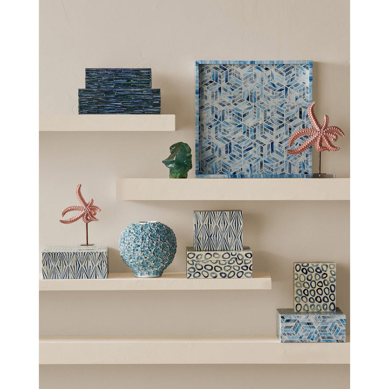 Alternate view of Chance Blue Square Tray in blue and white with shallow square tray with low raised rim.