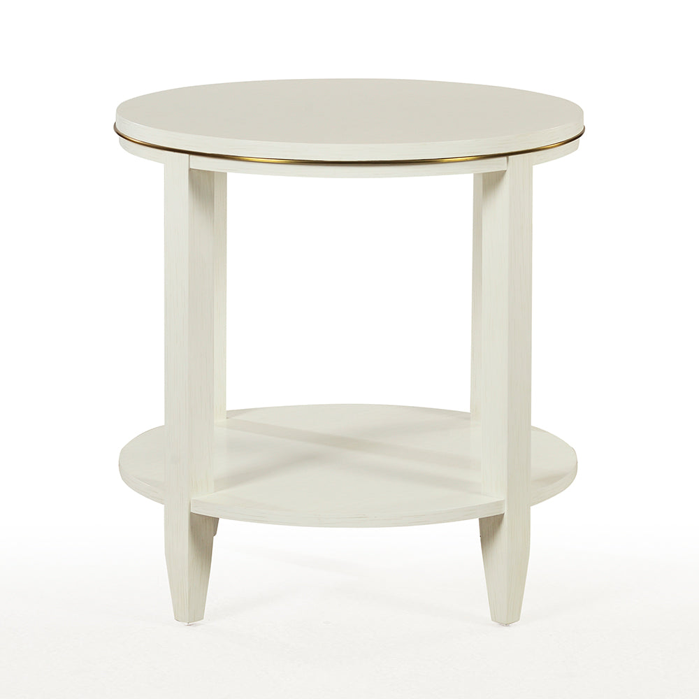 Additional view of Antioch Side Table, featuring metallic rim accent, wood, metal, and integrated lower circular shelf.