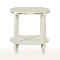 Additional view of Antioch Side Table, featuring metallic rim accent, wood, metal, and integrated lower circular shelf.