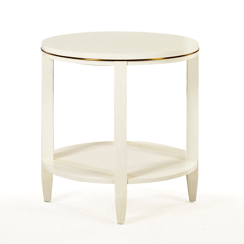 Alternate view of Antioch Side Table, featuring metallic rim accent, wood, metal, and integrated lower circular shelf.