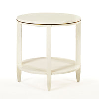 Alternate view of Antioch Side Table, featuring metallic rim accent, wood, metal, and integrated lower circular shelf.