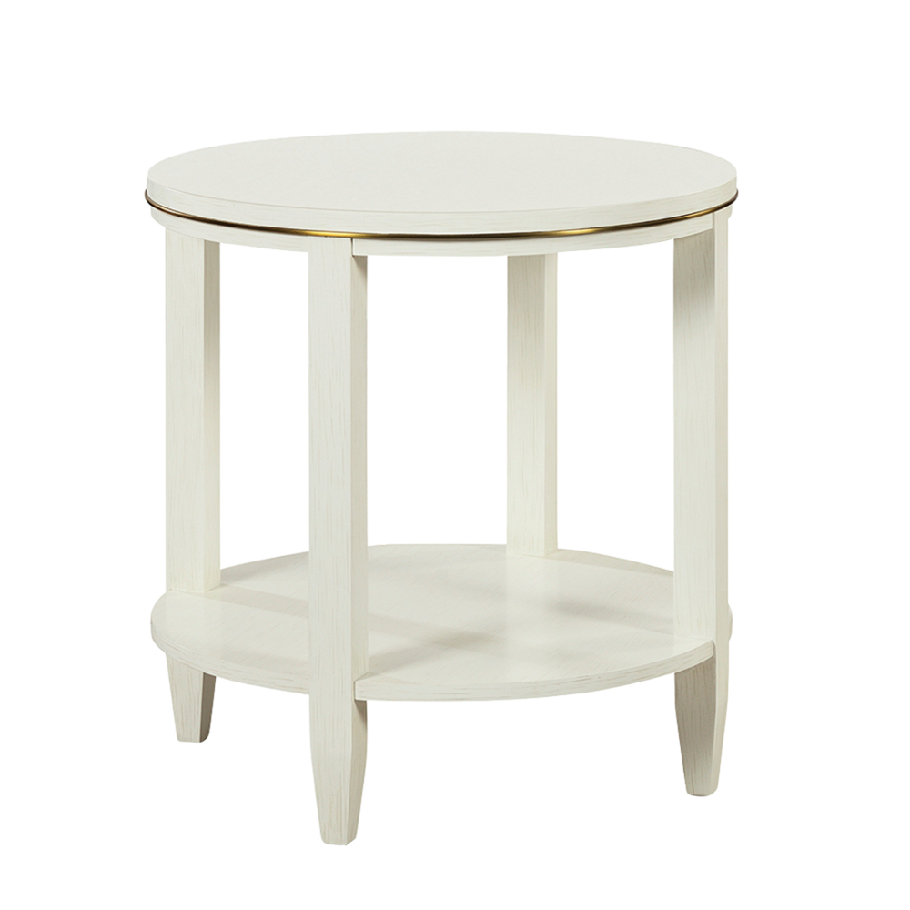 Antioch Side Table, shown in ivory and off-white with wood, metal, and integrated lower circular shelf.