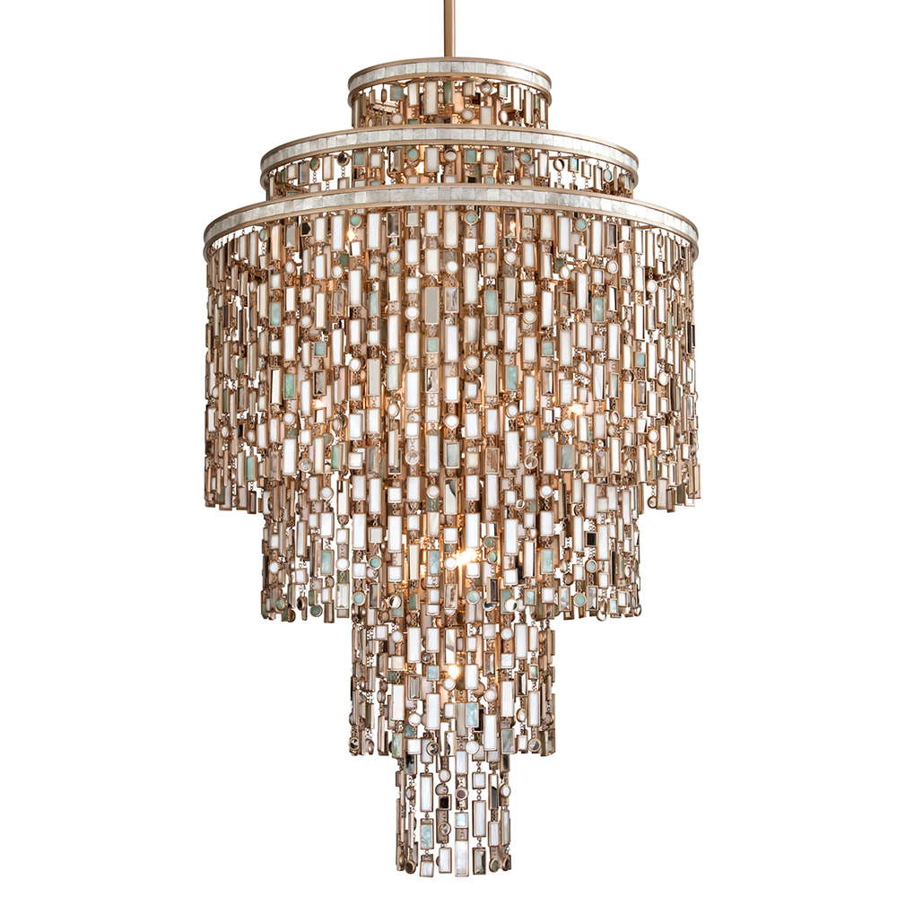 Dolcetti Chandelier, shown in champagne gold and clear crystal with metal, glass, and ceiling-hung pendant suspension.