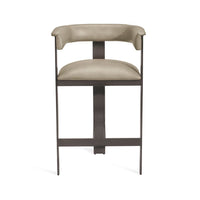 Darcy Counter Stool, shown in taupe and beige with upholstery fabric, metal, and fixed continuous arms.