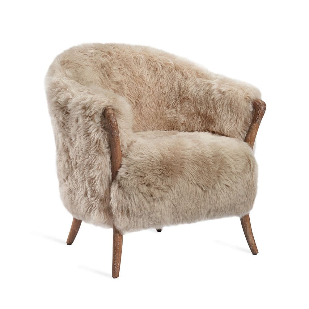 Alternate view of Ilaria Lounge Chair, featuring plush long-pile fur, sheepskin fur, wood, and fixed integrated arms.