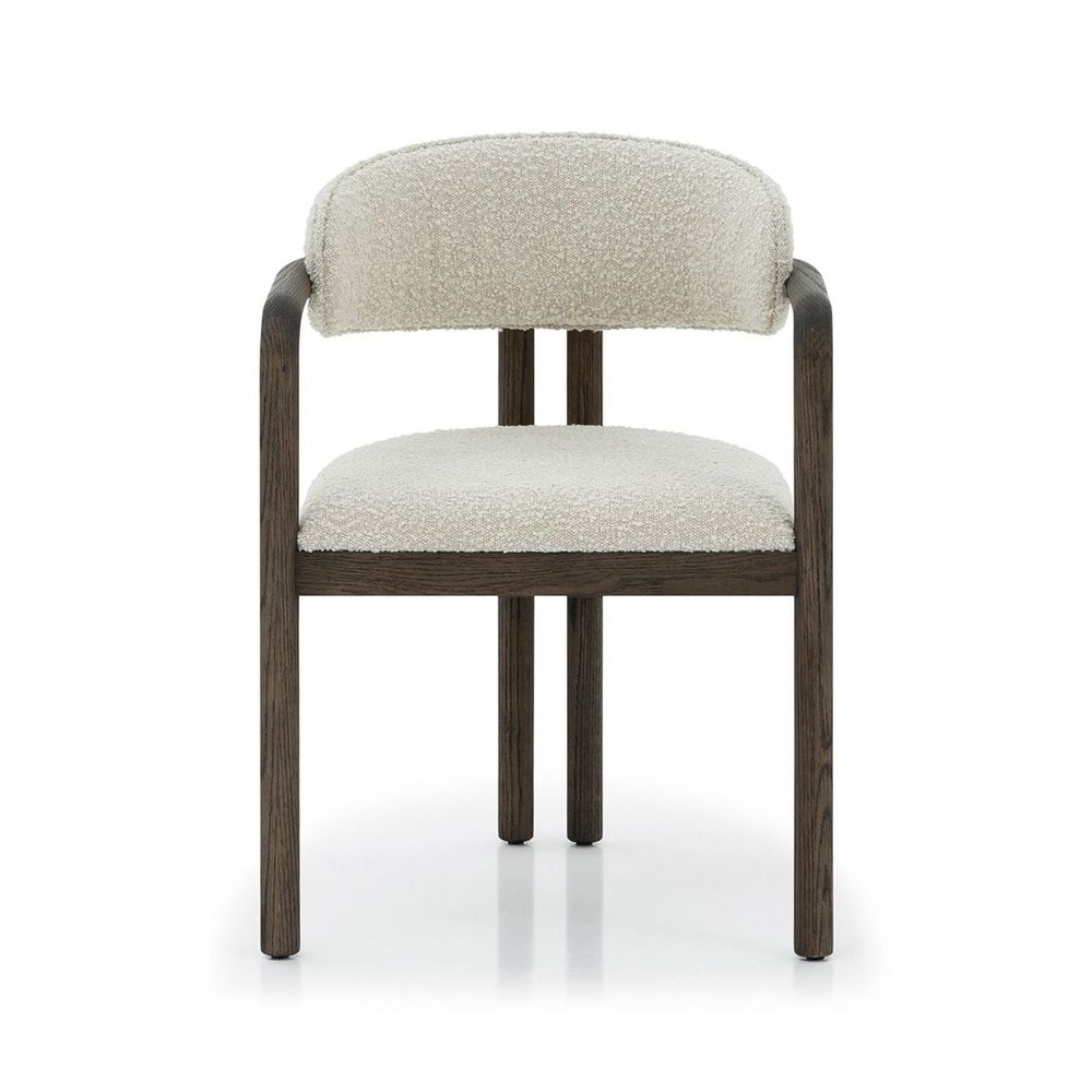 Fowler Dining Chair, shown in ivory and dark brown with wood, fabric, and fixed arms.
