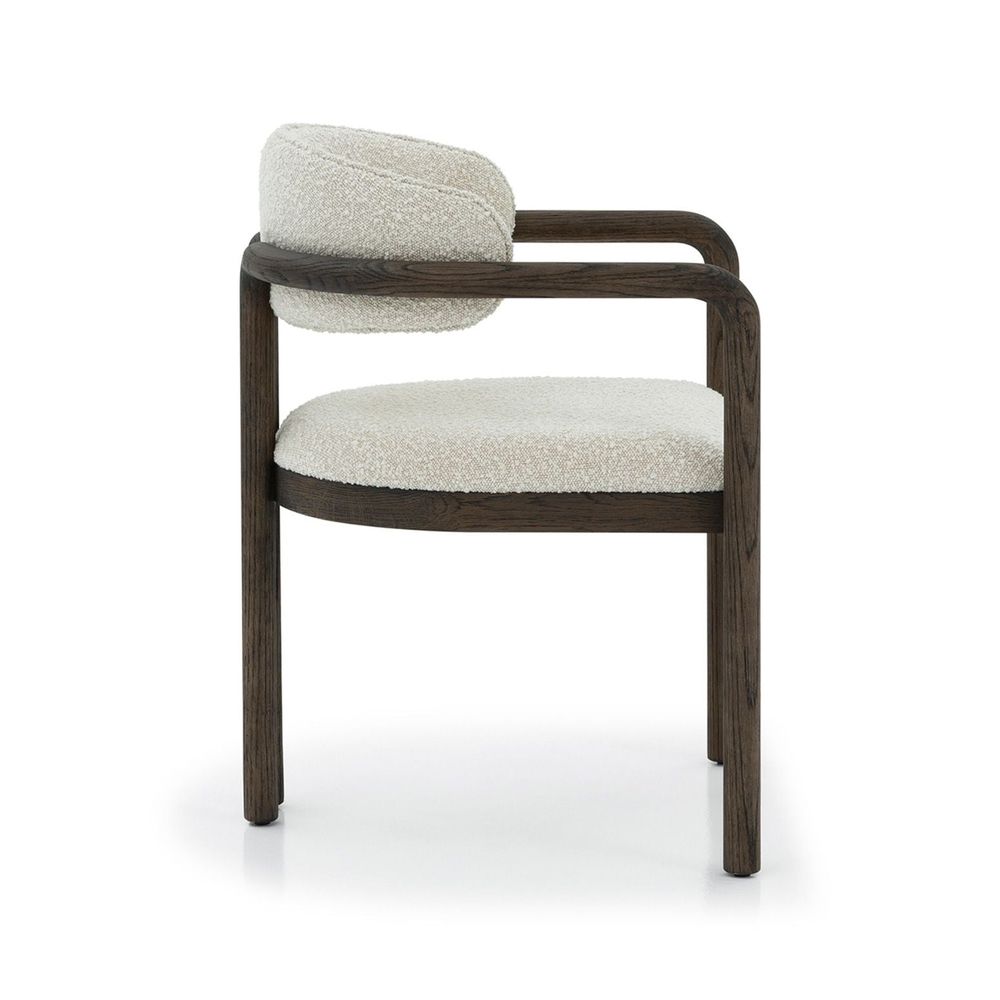 Alternate view of Fowler Dining Chair, featuring textured bouclé upholstery, wood, fabric, and fixed arms.