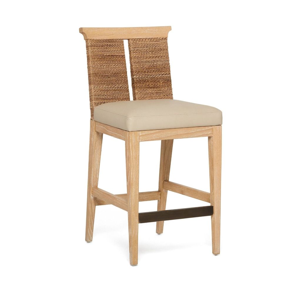 Alternate view of Reed Counter Stool in light natural wood and beige.