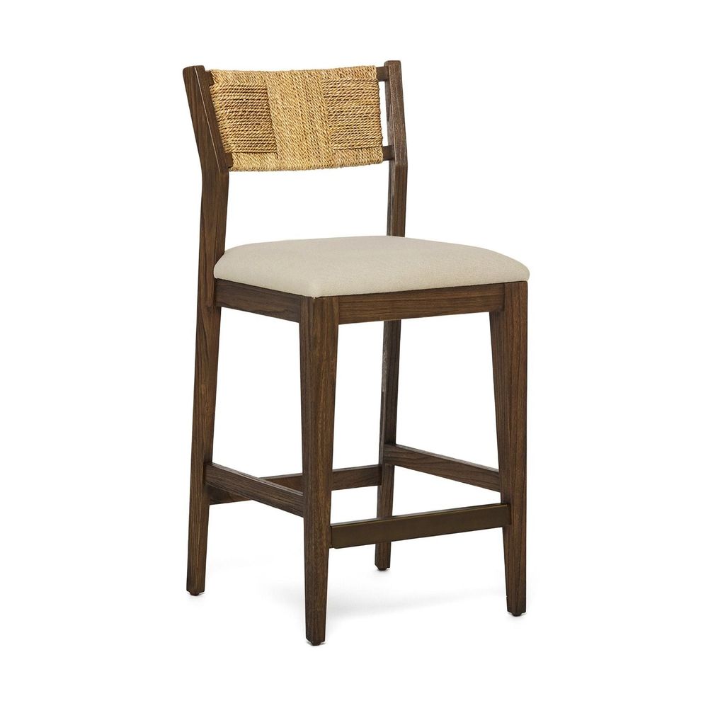 Alternate view of Colony Counter Stool, featuring matte upholstery finish, wood, woven rope, and a counter-height seat.