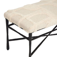 Additional view of Collins Bench in ivory and black, featuring nubby bouclé-like upholstery and backless bench seating.