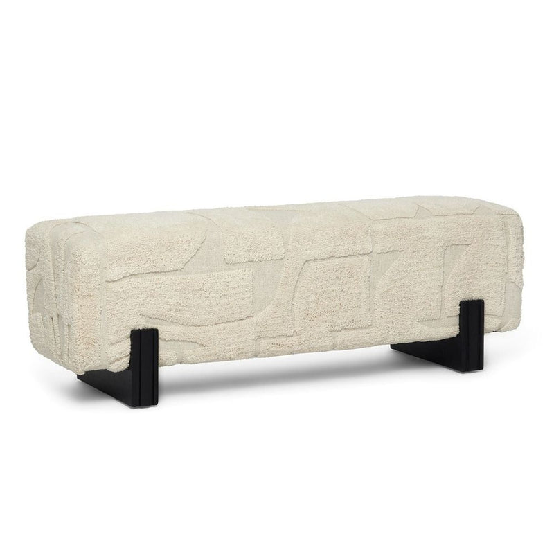 Alternate view of Connor Bench, featuring high-pile bouclé-like finish, textured fabric, wood, and backless bench seating.