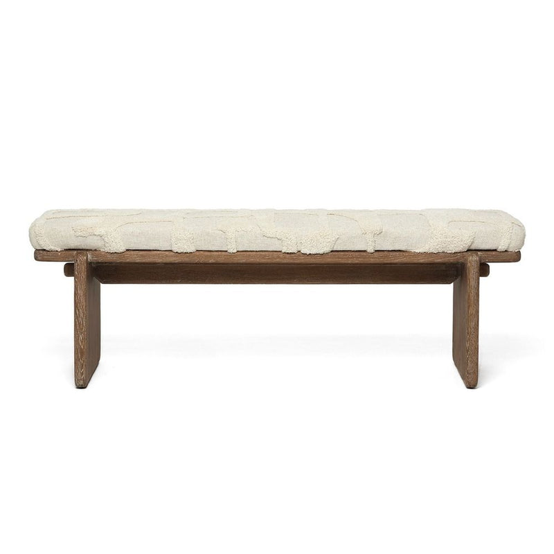 Collier Bench, shown in cream and medium brown with wood, fabric, and fixed slab-leg base.